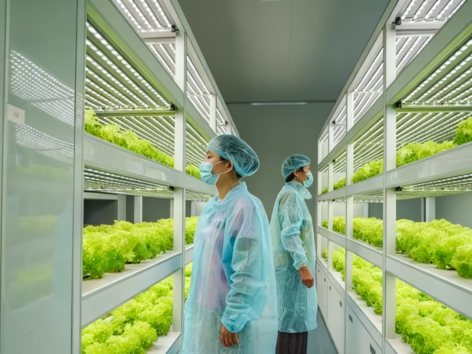 无锡佳培科技团队在植物工厂内查看叶菜生长情况