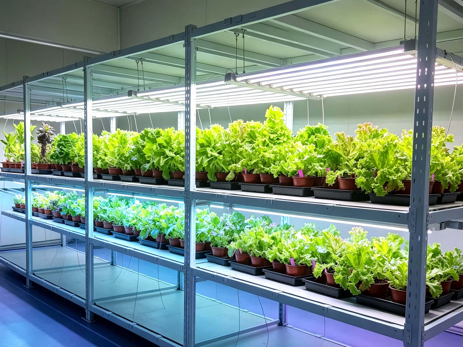 科研型植物工厂采用标准化箱体与模块化栽培结构，可对光照、温湿度、水肥、CO₂ 等环境因子精准调控。配备可升降 LED 灯架，光谱与高度按作物阶段灵活配置，为品种筛选、育苗研究与栽培实验提供稳定可控的实验条件。