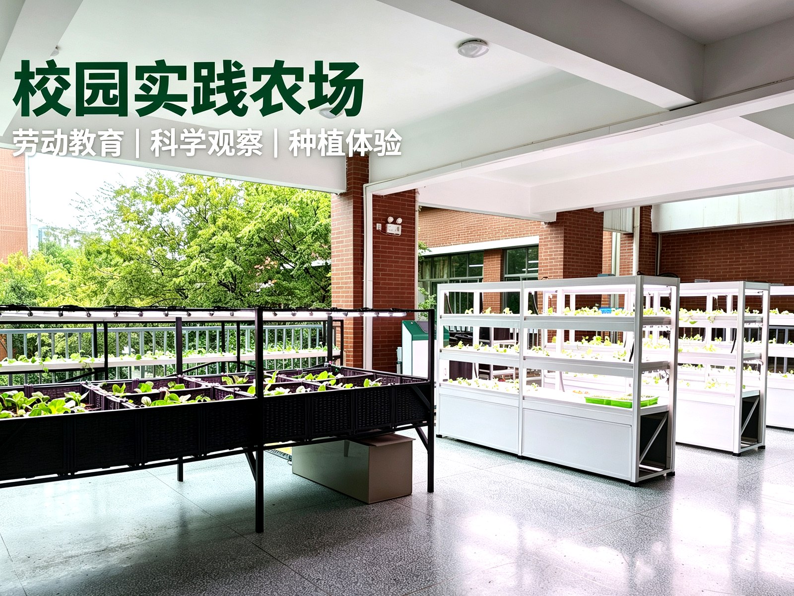 校园实践农场将农业种植融入校园空间，可开展劳动教育、植物观察、科学实验与科普活动。学生通过亲手播种、育苗、管理与收获，理解植物生长规律，体验生态循环与现代农业科技。